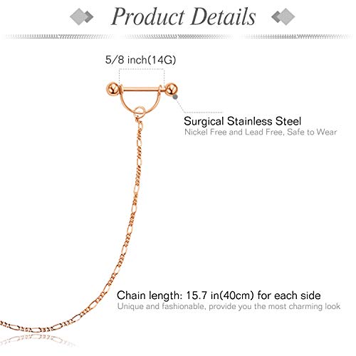 Nipple Ring with Choker Necklaces Stainless Steel Nipple Rings Chain Heart Cat Head Punk Chokers for Women Nipple Barbell Piercing Jewelry - color: Rose Gold - Heart Style