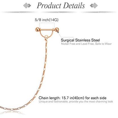 Nipple Ring with Choker Necklaces Stainless Steel Nipple Rings Chain Heart Cat Head Punk Chokers for Women Nipple Barbell Piercing Jewelry - color: Rose Gold - Heart Style