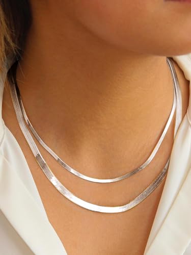 ChainsHouse Flat Snake Chain Herringbone Choker Necklace for Women, Stainless Steel/Rose Gold/18K Gold Plated Dainty Adjustable Simple Short Layered Necklaces, 12"/15"/18" with 3.5" Extender - color: b. layered-3mm+5mm-silver