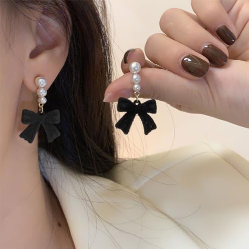 Pearl Bow Earrings for Women Coquette Aesthetic Jewelry Rhinestone Bow Earrings for Bridesmaids Wedding Party Accessories Bridal Costume Accents Bowknot Themed Gifts - color: J2: Black Bow Pearl Earrings
