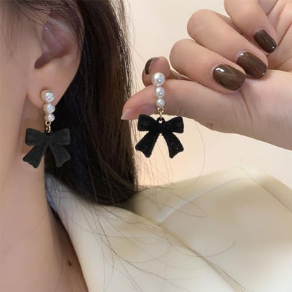 Pearl Bow Earrings for Women Coquette Aesthetic Jewelry Rhinestone Bow Earrings for Bridesmaids Wedding Party Accessories Bridal Costume Accents Bowknot Themed Gifts - color: J2: Black Bow Pearl Earrings