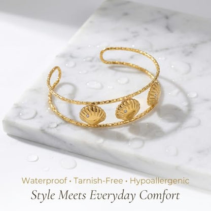 Starfish Open Cuff Bracelet for Women – 18K Gold Plated Stainless Steel, Adjustable Ocean-Inspired Arm Cuff, Waterproof, Hypoallergenic Beach Jewelry Gift - color: 3 Seashell