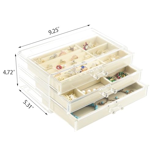 Weiai 3 Drawer Acrylic Jewelry Box Organizer Earring Storage Case Tray for Women - color: Beige