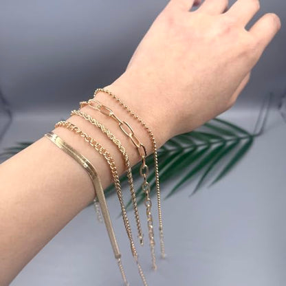 Adjustable Waterproof Layered Bracelets for Women Summer Beach Cuban Link Chain Anklets Set Herringbone Paperclip Beaded Snake Chain Stackable Anklet Stainless Steel Jewelry Bracelet - color: 5PCS-Gold