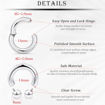 18G-2G Septum Rings 316L Surgical Steel Horseshoe Gauges Earrings Septum Nose Ring Silver Cartilage Helix Tragus Daith Rook Earring Hoop Lip Piercing Jewelry for Women Men - style: 4G(5.0mm)-Dia:14mm