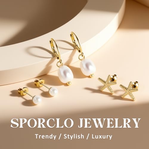14K Gold Hoop Dangle Stud Earrings Surgical Steel Helix Piercing | Hypoallergenic,Cubic Zirconia,3 Pairs Huggie Hoop Set for Women,Dangle Stud,Cartilage Tragus Conch Earring,Jewelry Gift - color: B2-Gold Pearl Earrings