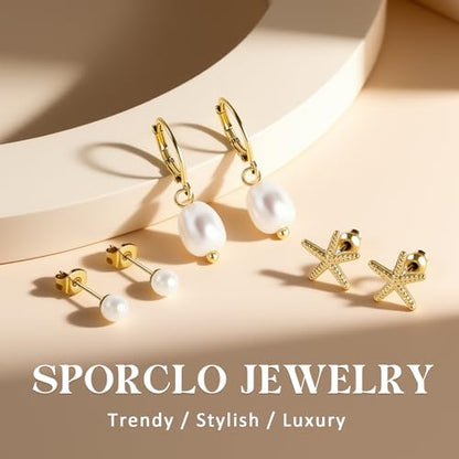 14K Gold Hoop Dangle Stud Earrings Surgical Steel Helix Piercing | Hypoallergenic,Cubic Zirconia,3 Pairs Huggie Hoop Set for Women,Dangle Stud,Cartilage Tragus Conch Earring,Jewelry Gift - color: B2-Gold Pearl Earrings