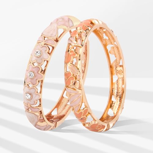 UJOY Cloisonne Bracelet Lotus Flower Plated Cuff Bangle Enameled Jewelry Bracelets Gift for Women Pack in Case 88B16 - color: 2 Pcs/Set-Pink