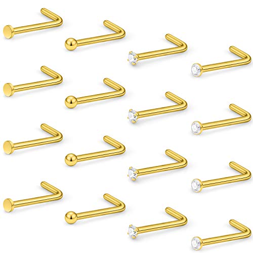 Hoeudjo Nose Studs Surgical Steel Cubic Zirconia Nose Rings Kit for Women Men Tiny Nose Stud Screw & Bone & L Shaped Nostril Rings Piercing Jewelry 22 Gauge 16 Pieces - color: L-shaped nose ring, gold-tone