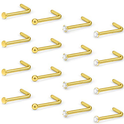 Hoeudjo Nose Studs Surgical Steel Cubic Zirconia Nose Rings Kit for Women Men Tiny Nose Stud Screw & Bone & L Shaped Nostril Rings Piercing Jewelry 22 Gauge 16 Pieces - color: L-shaped nose ring, gold-tone