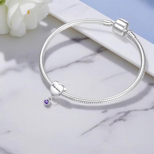 Birth Flower Heart Charm 12 Birthstone Bead for European Bracelet Necklace - style: February