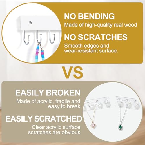2 Pack Wall Necklace Organizer, Wooden Jewelry Holder, White, 24 Hooks | Real Wood; 24 Rotating Hooks; Wall Mount With Screws; Keeps Necklaces, Bracelets, Earrings, And Keys Organized - color: White