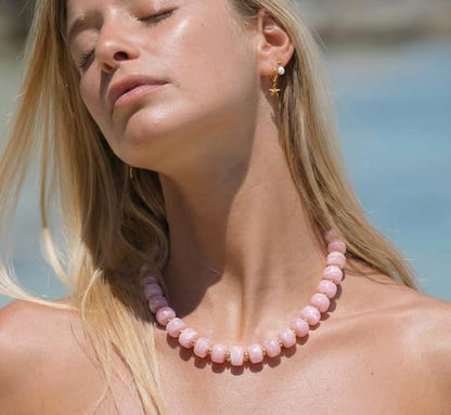 Beaded necklace for Women Boho Bead Gemstone Chunky Necklace Big Bead Necklace Fashion Trendy Summer Necklaces Jewelry Gifts - color: Pink Beaded