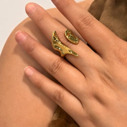 Gold Stainless Steel Open Ring, Sculptural Wave Statement Ring, Wide Polished Band Jewelry for Women Daily Party Outfits