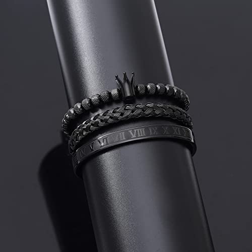 WFYOU 3PCS Stainless Steel Imperial Crown Bracelets for Men Gold Roman Numeral Bangle Bracelet Adjustable Cuff Bracelet Mens Luxury Jewelry Gifts - style: 10:Black- Crown