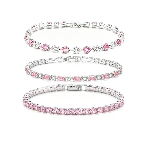 3Pcs Women Stackable 14K Gold Plated Tennis Bracelet with Colorful CZ | Dainty Classic Everyday Jewelry 14K Gold Plated Colorful Cubic Zirconia Tennis Bracelet Created Diamond for Wedding 7 inches - color: silver pink