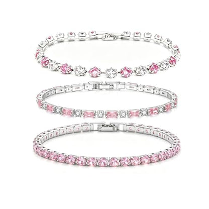3Pcs Women Stackable 14K Gold Plated Tennis Bracelet with Colorful CZ | Dainty Classic Everyday Jewelry 14K Gold Plated Colorful Cubic Zirconia Tennis Bracelet Created Diamond for Wedding 7 inches - color: silver pink