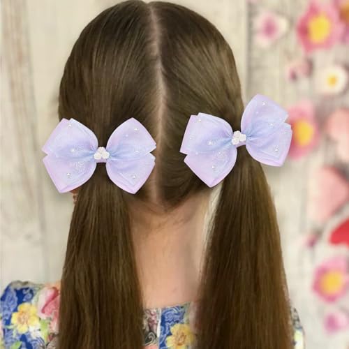 KISZU 4.5 Inch Flower Hair Bows Clips Mermaid Pearl HairPins for Girls Children Teens and Women - color: Purple
