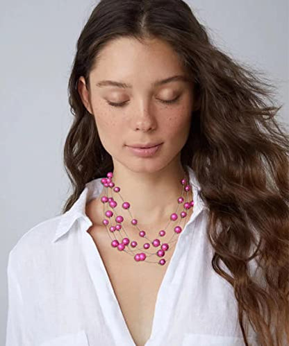 FULU AUTUMN Layered Pearl Necklace Multi-strand Pearl Choker Necklaces for Women Beaded jewelry for Wedding Parties - color: Hot pink