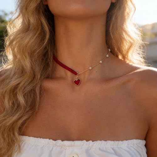 Andelaisi Boho Red Velvet Choker Necklace Vintage Pearl Heart Pendant Necklace Red Heart Necklace Love Heart Pearl Stitching Necklace Jewelry for Women