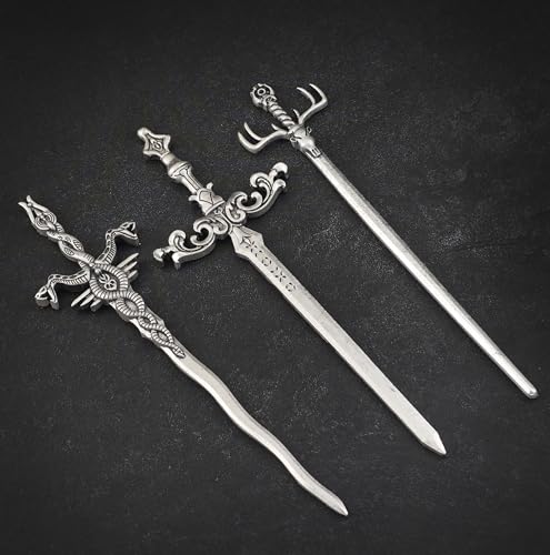 3PCS Sword Hair Pins for Women, Metal Hair Sticks Set, Fantasy Hair Accessories, Medieval Renaissance Hair Pin Set, Gothic Decorative Hair Sticks for Bun Updo Long Thick Hair