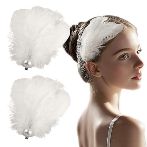 2Pcs White Feather Hair Clips - Ballet Style Artificial Swan & Ostrich Feather with Faux Pearl - Wedding Engagement Birthday Party Stage Accessories for Women - color: white