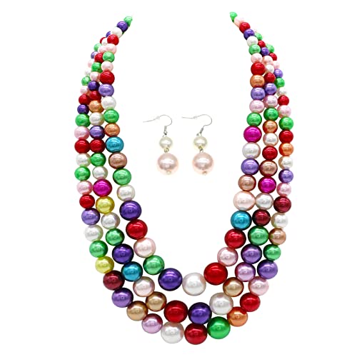 Chunky Layered Imitation Pearl Necklace for Women 3 strand Pearl Necklaces Faux Pearl Necklace Earrings Set 1920s Flapper Gatsby Costume Accessories - color: 3 strand pearl necklace colorful