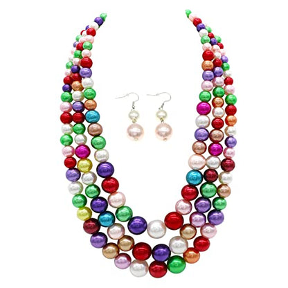 Chunky Layered Imitation Pearl Necklace for Women 3 strand Pearl Necklaces Faux Pearl Necklace Earrings Set 1920s Flapper Gatsby Costume Accessories - color: 3 strand pearl necklace colorful