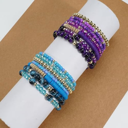 7/12Pcs Set Bohemian Stackable Crystal Seed Beaded Elastic Stretch Bracelet Multilayerd Handmade Brass Bead for Women Jewelry Surfer Heishi Polymer Clay Layering - color: purple