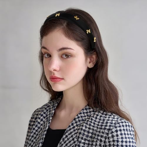 CURASA Padded Headband For Women Cute Non Slip Head Band Soft Sponge Hairband Black Trendy Satin Hairbands Fashion Gold Metal Bow Decorative Hair Hoop Comfortable Elastic Yoga Hair Accessories