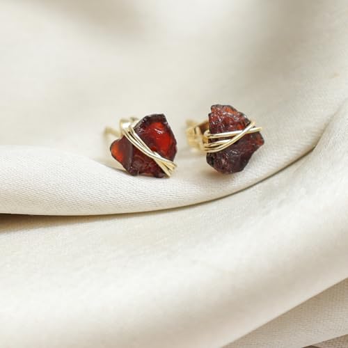 Gempires Wire Wrapped Raw Gemstone Stud Earrings for Women, Birthstone | Handmade wire-wrapped raw gemstone stud earrings — choose from stones and birthstones, artisan raw crystals on gold. - style: Red Garnet