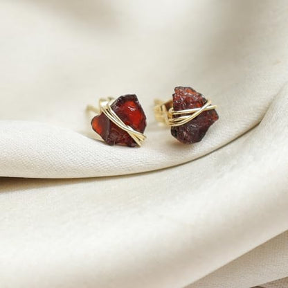 Gempires Wire Wrapped Raw Gemstone Stud Earrings for Women, Birthstone | Handmade wire-wrapped raw gemstone stud earrings — choose from stones and birthstones, artisan raw crystals on gold. - style: Red Garnet