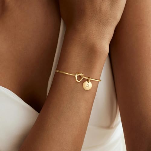 M MOOHAM Gold Initial Bracelets Gifts for Women Teen Girls - Dainty Tie the Knot Letter A-Z Initial Bracelet for Women 14K Gold Plated Cuff Bracelet Jewelry Personalized Bridesmaid Proposal Gifts - style: K - 14K Gold Plated