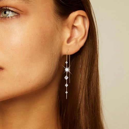 Gold Dangle Earrings for Women, 14K Threader Long Chain Drop Earrings Dangling Dainty Elegant Ear Chain with Tassel and Cubic Zirconia for Wedding Trendy Jewelry Gifts - color: CZ Tassel