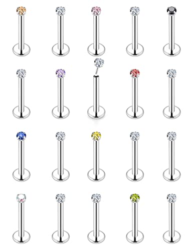 16G 18G 20G Threadless Push in Lip Rings Stainless Steel Flat Back Nose Rings Studs Tragus Helix Conch Cartilage Lobe Earrings Stud Piercing Jewelry for Women Men Diamond CZ Silver 20PCS - color: 20G-10MM Length-2MM CZ