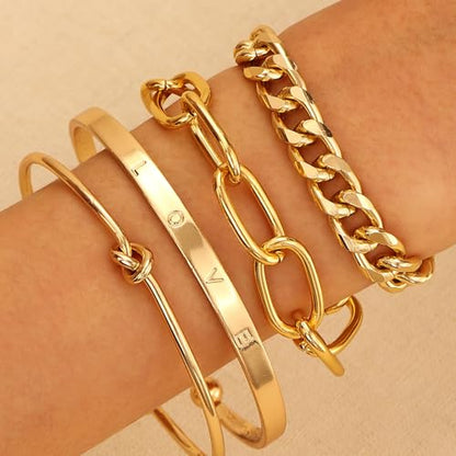 Alegend 14K Gold Plated Stackable Multilayer Bracelets + Titanium Steel(Not Rust, Resist Corruption, Easily Clean) 18K Gold Plated Single Bracelets - color: 14K Gold Plated Four-Layered A