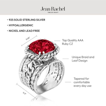 JEAN RACHEL JEWELRY 925 Sterling Silver Braid Leaf Cushion Ring | Ornate statement ring beautifully adorned with sculpted leaf motifs, twisted rope braids, and a CZ center stone. - color: Ruby CZ