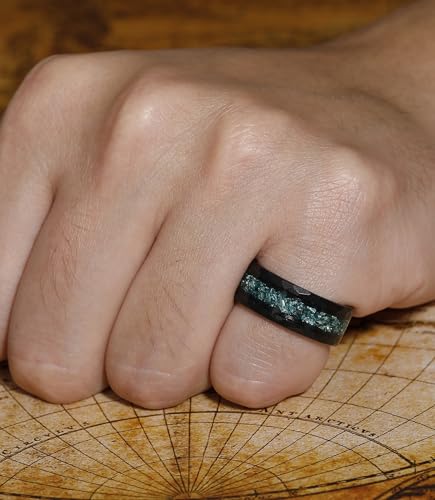 8mm Black Tungsten Mens Wedding Band with Moss Agate/Emerald/Citrine | Amethyst/Aquamarine, Gothic, Birthstone, Hammered, Engagement Promise Ring, Anniversary Valentine Day Birthday Gift for Him - style: Greenish Blue Aquamarine