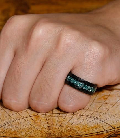 8mm Black Tungsten Mens Wedding Band with Moss Agate/Emerald/Citrine | Amethyst/Aquamarine, Gothic, Birthstone, Hammered, Engagement Promise Ring, Anniversary Valentine Day Birthday Gift for Him - style: Greenish Blue Aquamarine