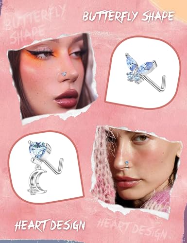 Sanfenly 12 PCS 20G Nose Rings Surgical Stainless Steel, L Shaped Nose Studs for Women Men, CZ Heart Butterfly Flower Leaf Moon Dangle Cute Nose Piercings Studs Screw Jewelry Pink/Purple/Blue/Clear - color: Blue