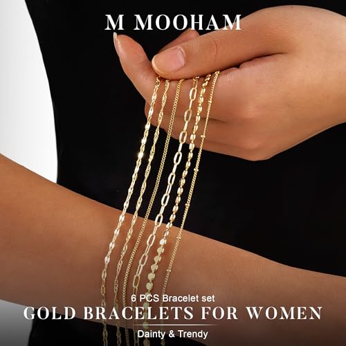 M MOOHAM Gold Bracelets Set for Women No Tarnish | 14K Gold Plated, Dainty Stackable Bracelets Stack for Women, Herringbone Paperclip Rope Cuban Chain Bracelet Set Stack - color: 6.Singapore Dot Set