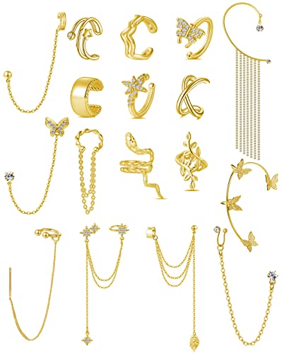 Tornito 17Pcs Ear Cuffs Chain Earrings Snake Butterfly Leaf Non Piercing Clip on Earring Fake Helix Cartilage Earrings Ear Clip Jewelry Silver Gold Tone - color: B:Gold Tone