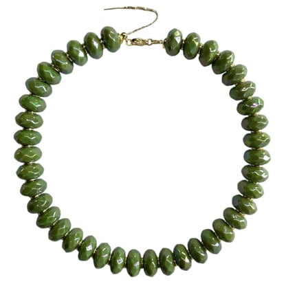 Colorful Chunky Acrylic Beaded Choker Necklaces for Women | Multicolor Faceted Beads, Sturdy Metal Chain, Adjustable Detachable, Lightweight, Summer Boho, Sparkly Statement Jewelry Gift - color: Dark Green