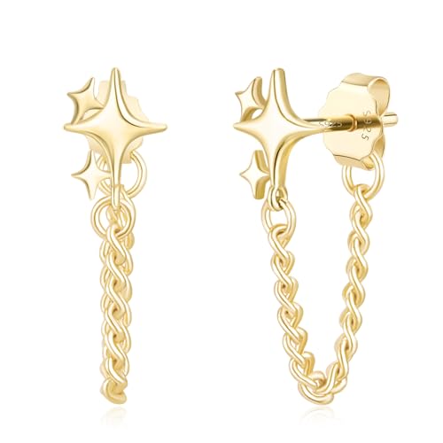 JIAYIQI Minimalist 925 Sterling Silver Stud Earrings Set, 14K Gold Plated Hypoallergenic Tiny Bar Dot Heart Star Studs for Women & Men - style: Gold-Chain Stars-1 Pair