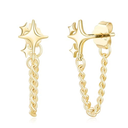 JIAYIQI Minimalist 925 Sterling Silver Stud Earrings Set, 14K Gold Plated Hypoallergenic Tiny Bar Dot Heart Star Studs for Women & Men - style: Gold-Chain Stars-1 Pair