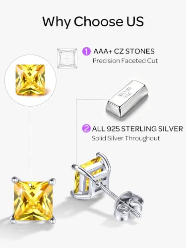 ChicSilver 925 Sterling Silver Earrings Sparkling Heart/Round/Princess Cut Birthstone Earrings for Women Birthday Jewelry with Gift Box - style: A.November(Yellow Topaz)-Princess Cut