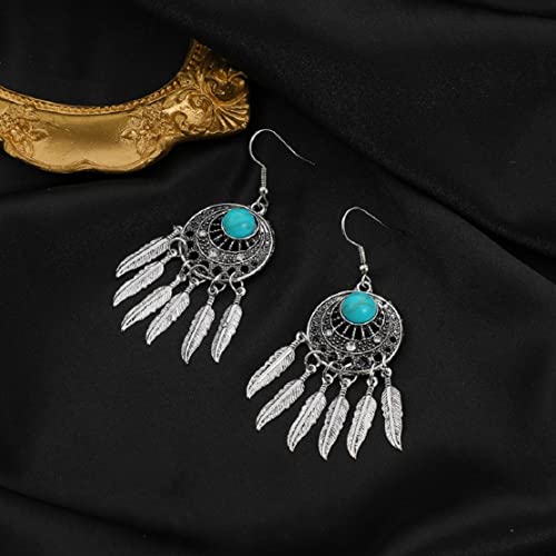 Boho Turquoise Feather Tassel Crescent Moon Dangle Earrings - Hypoallergenic, Leaf Bohemian Drop Earrings for Women - color: Silver