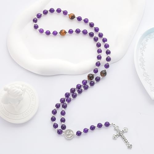 Rosary for Men Women, Natural Stone Beads with St. Benedict Bracelet | 8 mm Natural Stone Prayer Beads with 10 mm Accent Beads, St. Benedict Crucifix, Matching Bracelet, Gift Box and Pouch. - color: Purple
