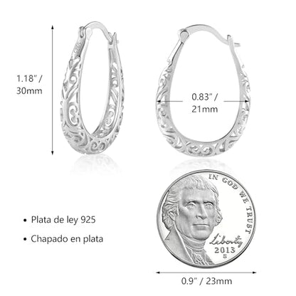 Silver Post Filigree Hoop Earrings for Women Hollow Oval Hoop Earrings | Hypoallergenic U Shaped Hoops Earring for Jewelry - color: A-Silver