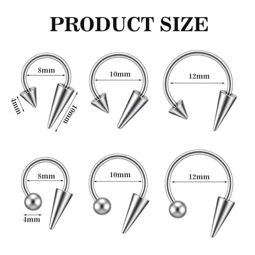 6PCS Lip Piercing Jewelry, Lip Rings Horseshoe 16G Stainless Steel | Spike/Ball, Tragus Helix Earrings Studs, for Women Men